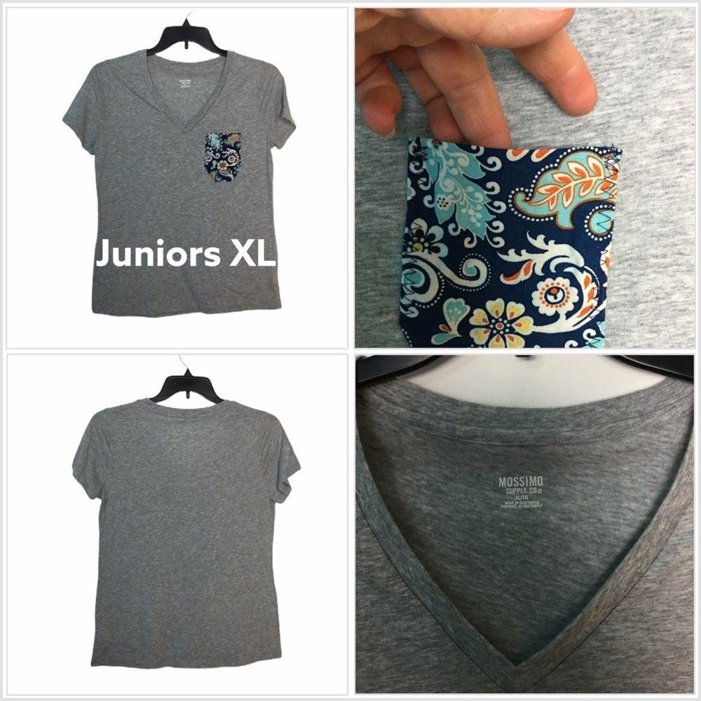 Mossimo V-Neck XL 16 - 18 Gray Shirt Tee Top T-Shirt Paisley Pocket Short Sleeve